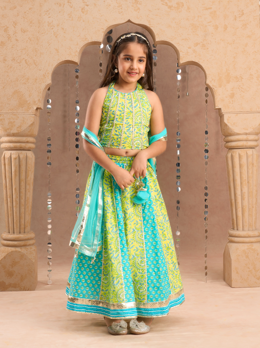 Jaipur Girls Green Cotton Lehanga and Choli with Dupata Ethnic Set