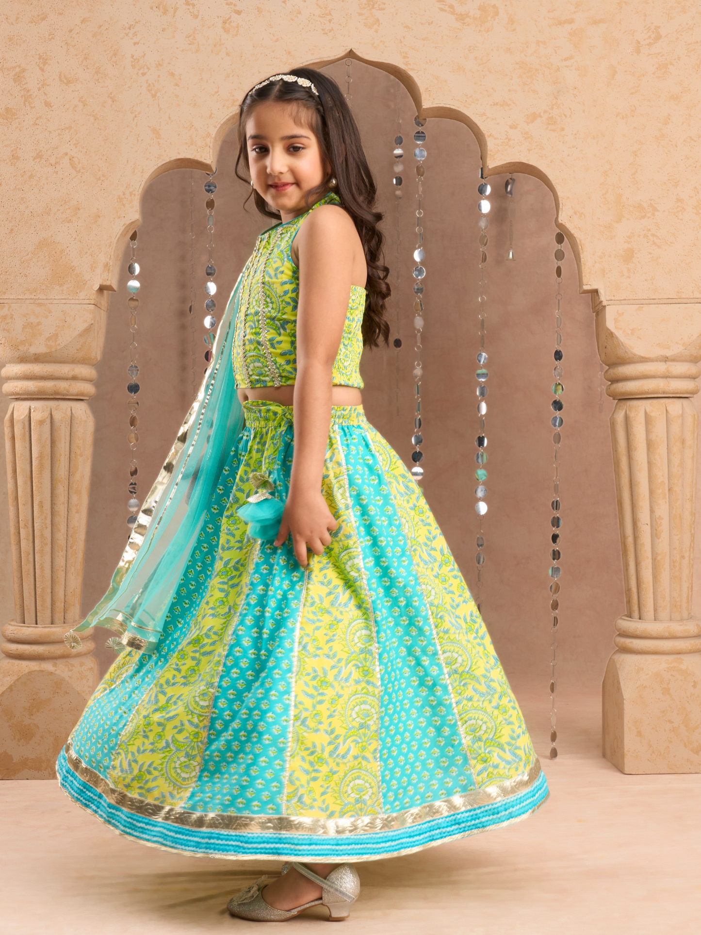 Jaipur Girls Green Cotton Lehanga and Choli with Dupata Ethnic Set