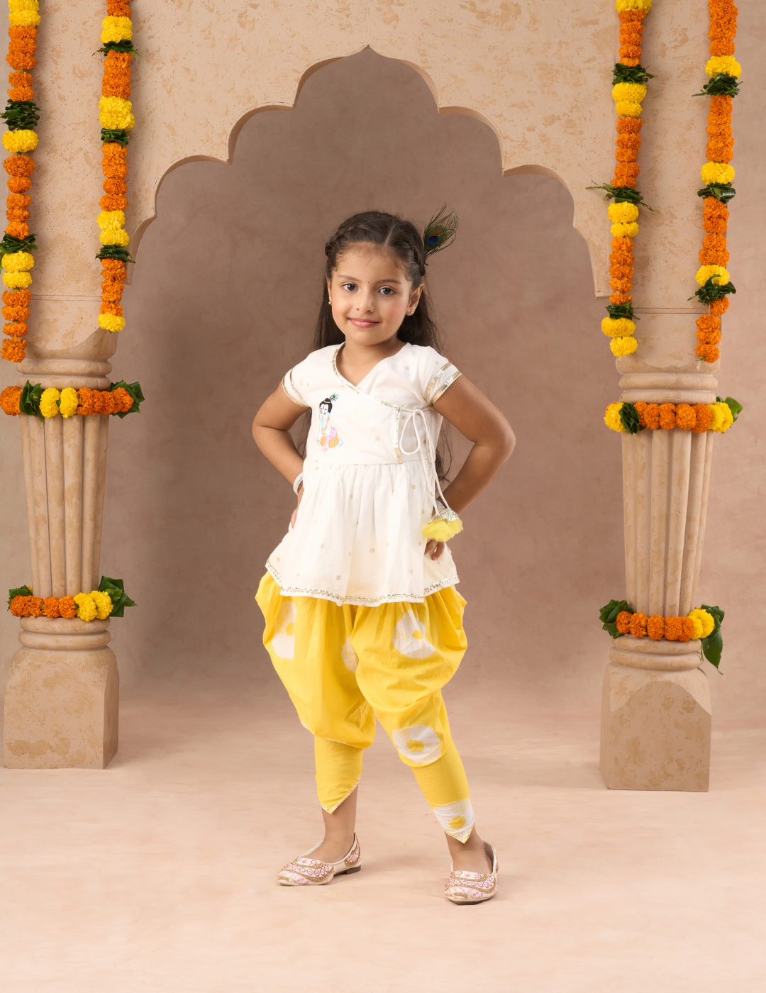 Marigold Magic White Girls Cotton Kurta And Yellow Dhoti Ethnic Set