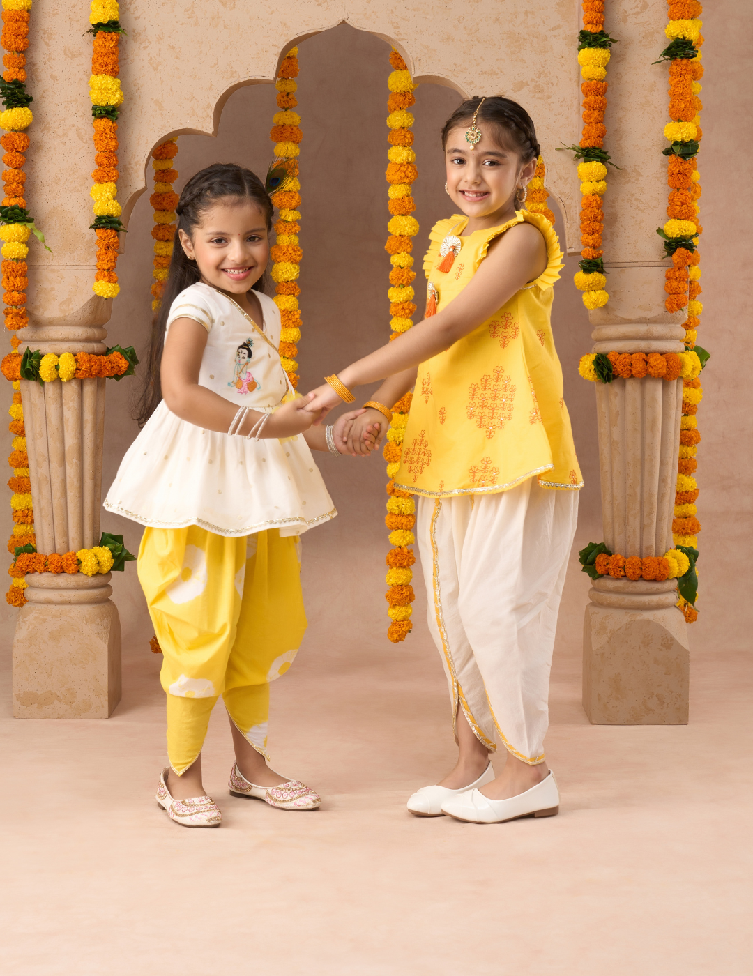 Marigold Magic White Girls Cotton Kurta And Yellow Dhoti Ethnic Set