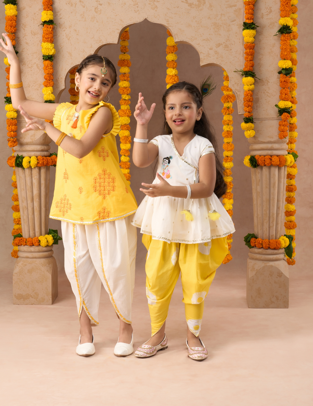 Marigold Magic White Girls Cotton Kurta And Yellow Dhoti Ethnic Set