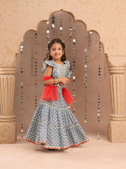Jaipur Girls Grey Cotton Lehanga and Choli with Dupata Ethnic Set