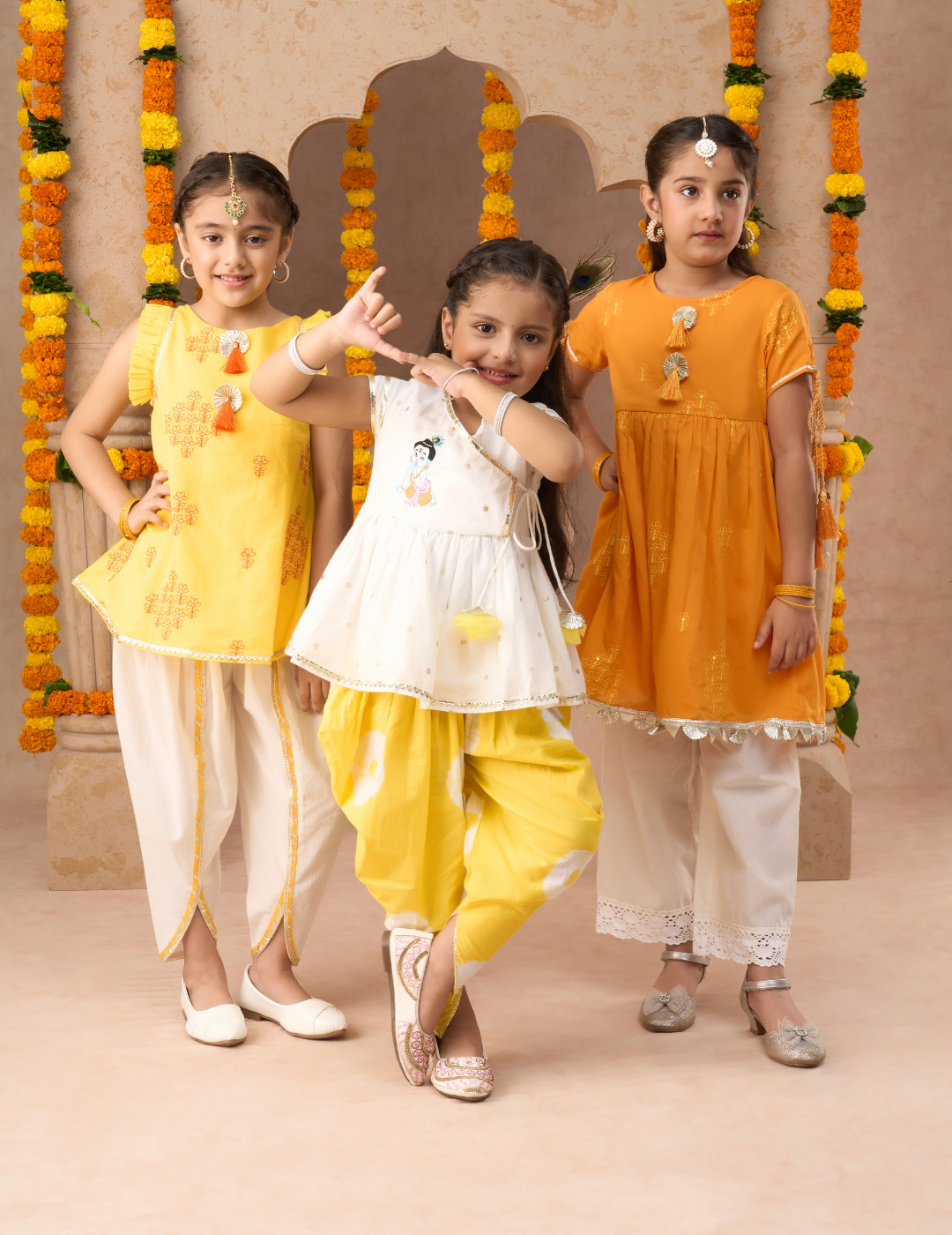 Marigold Magic White Girls Cotton Kurta And Yellow Dhoti Ethnic Set