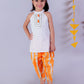 Marigold Magic White Girls Cotton Kurta And Orange Dhoti Ethnic Set