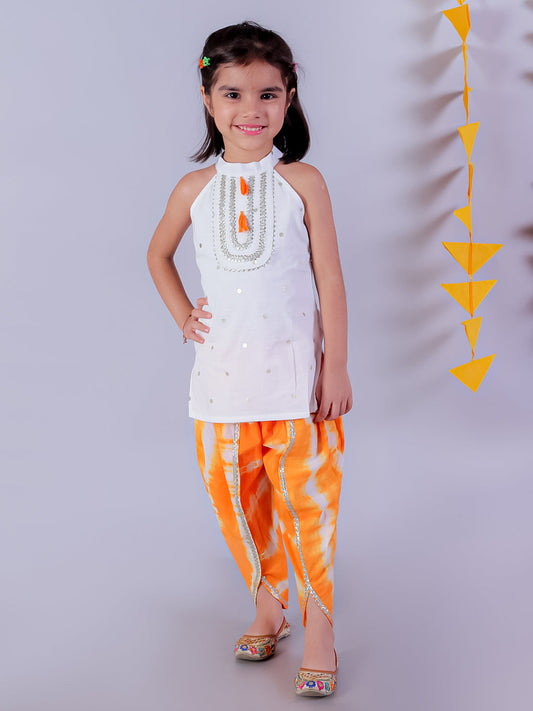 Marigold Magic White Girls Cotton Kurta And Orange Dhoti Ethnic Set