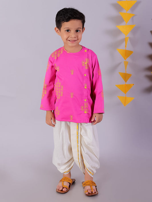 Marigold Magic Pink Boys Cotton Kurta And White Dhoti Ethnic Set