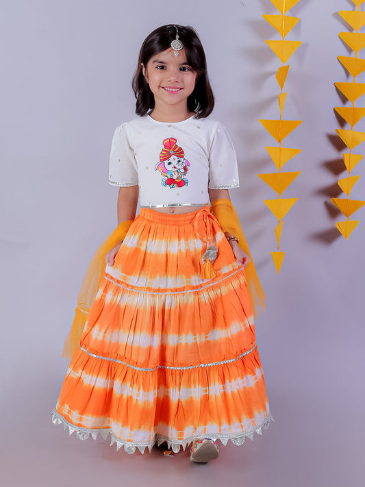Marigold Magic Girls Orange Lehanga And White Choli With Dupatta Ethnic Set