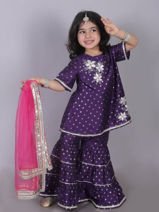 Zarqa Girls Purple Kurta With Sharara Set