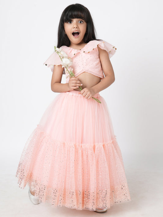 Paris Nights Girls Peach Sequin Embroidered Lehanga Choli
