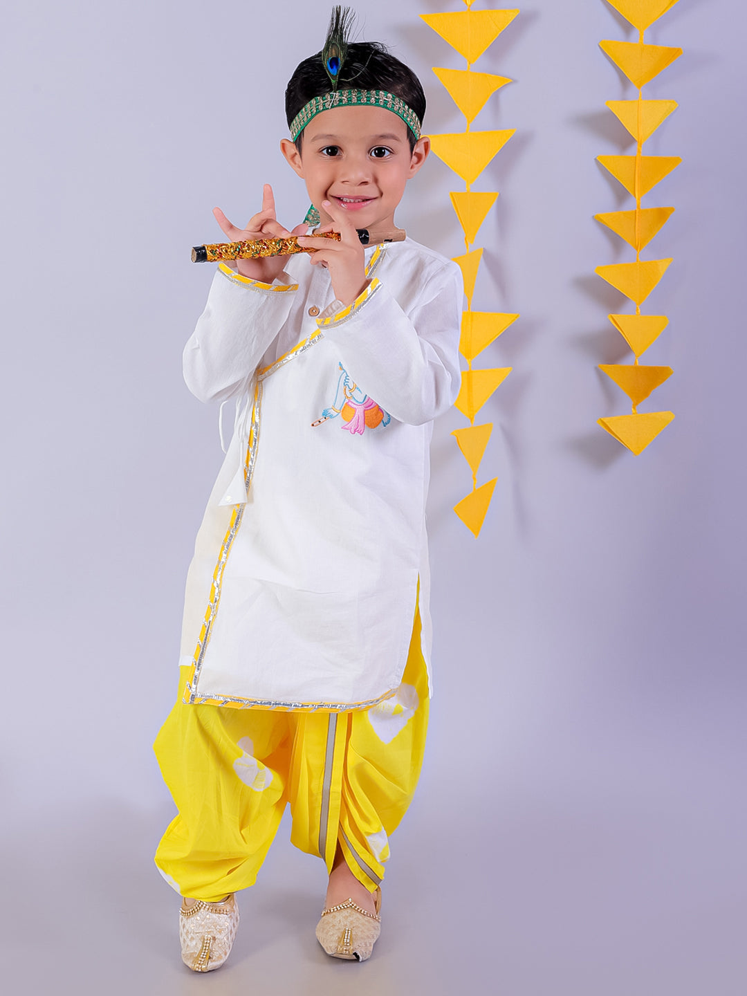 Marigold Magic White Boys Cotton Kurta And Yellow Dhoti Ethnic Set