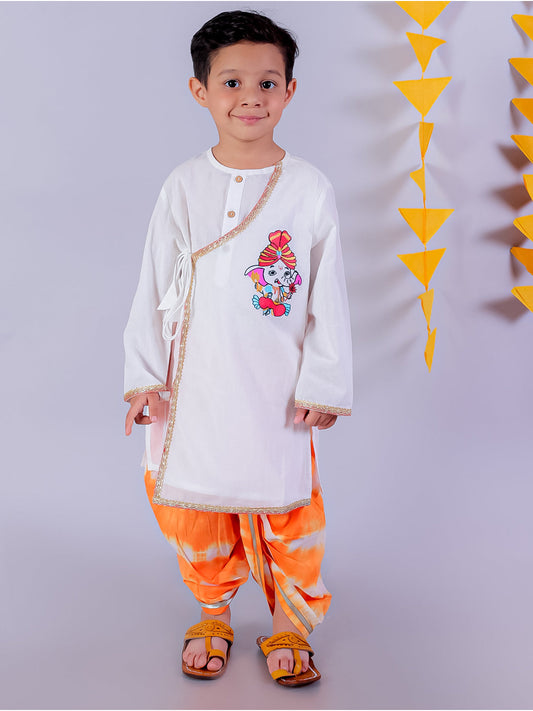Marigold Magic White Boys Cotton Kurta And Orange Dhoti Ethnic Set