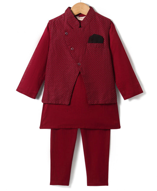 Boys Printed Cotton Kurta Pyjama Jacket Set