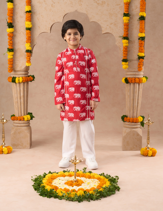 Trunk Tales Boys Red Kurta with Pant Set