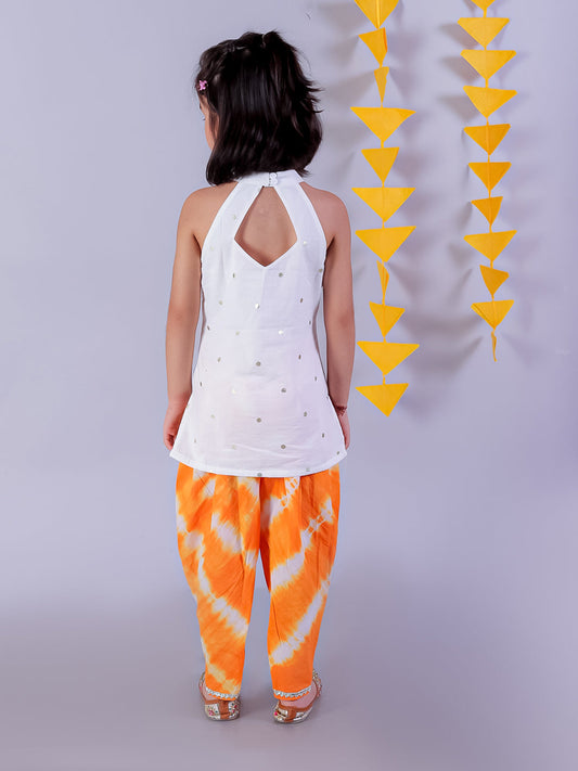 Marigold Magic White Girls Cotton Kurta And Orange Dhoti Ethnic Set