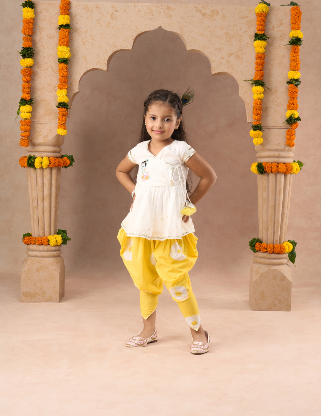 Marigold Magic White Girls Cotton Kurta And Yellow Dhoti Ethnic Set