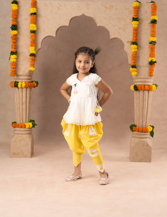 Marigold Magic White Girls Cotton Kurta And Yellow Dhoti Ethnic Set