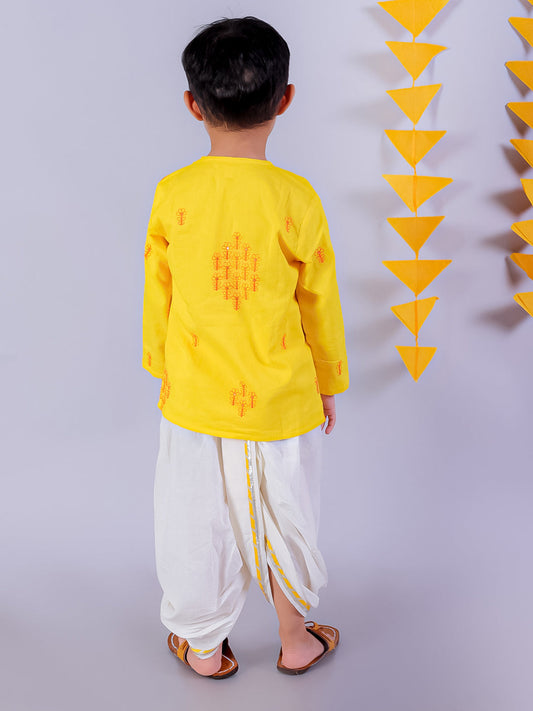Marigold Magic Yellow Boys Cotton Kurta And White Dhoti Ethnic Set