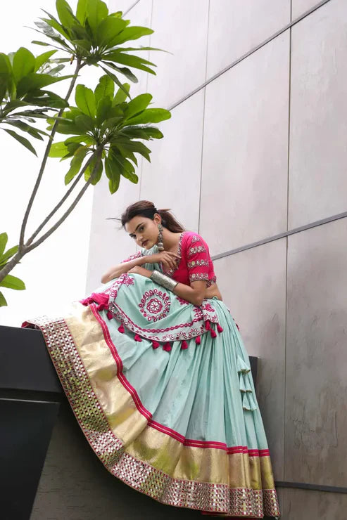 Raas | Sky Light Color Navratri Chaniyacholi with Mirror Work