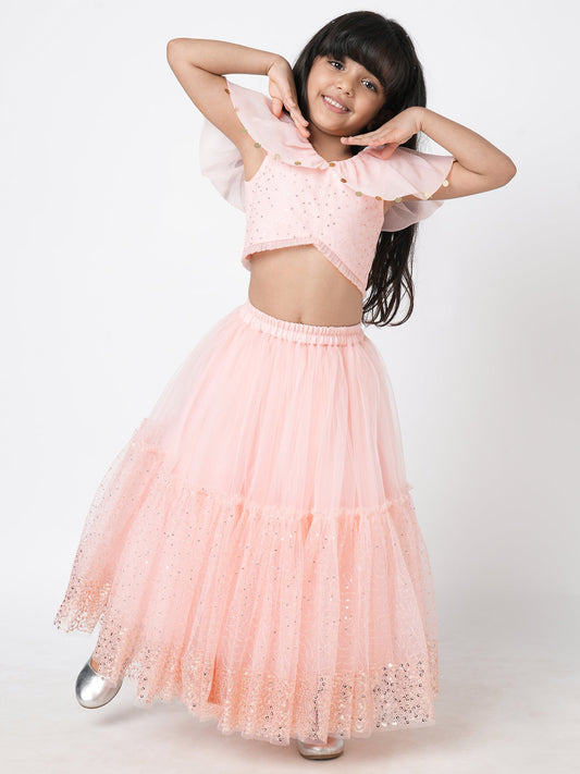 Paris Nights Girls Peach Sequin Embroidered Lehanga Choli