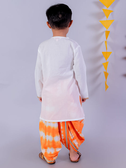 Marigold Magic White Boys Cotton Kurta And Orange Dhoti Ethnic Set