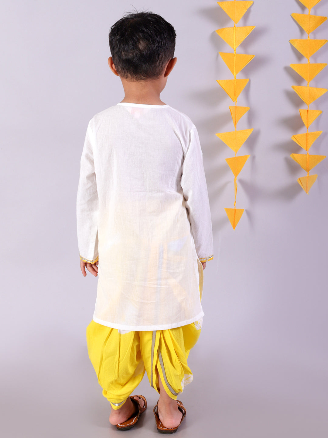 Marigold Magic White Boys Cotton Kurta And Yellow Dhoti Ethnic Set