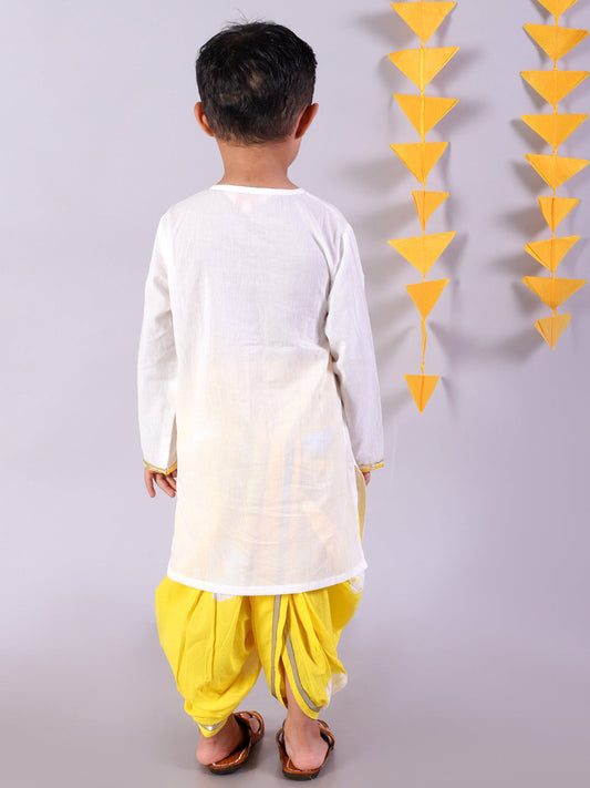 Marigold Magic White Boys Cotton Kurta And Yellow Dhoti Ethnic Set