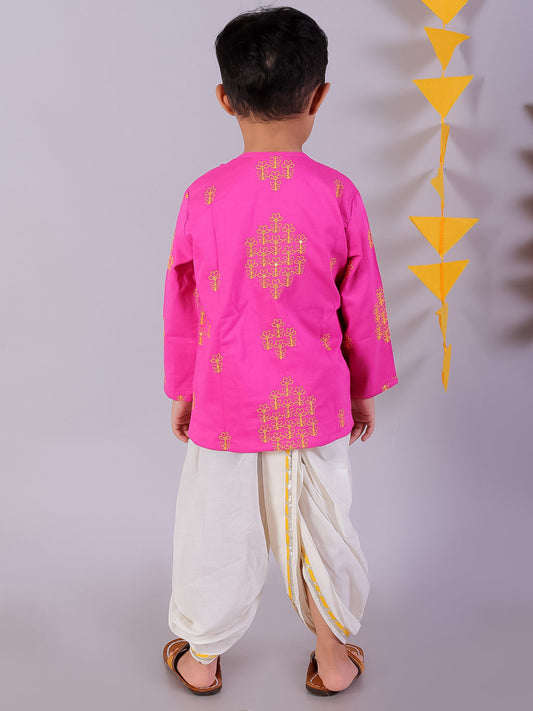 Marigold Magic Pink Boys Cotton Kurta And White Dhoti Ethnic Set