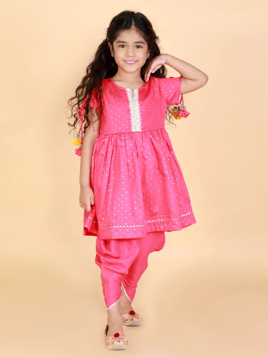 Girls Polka Printed Kurta With Dhoti Set