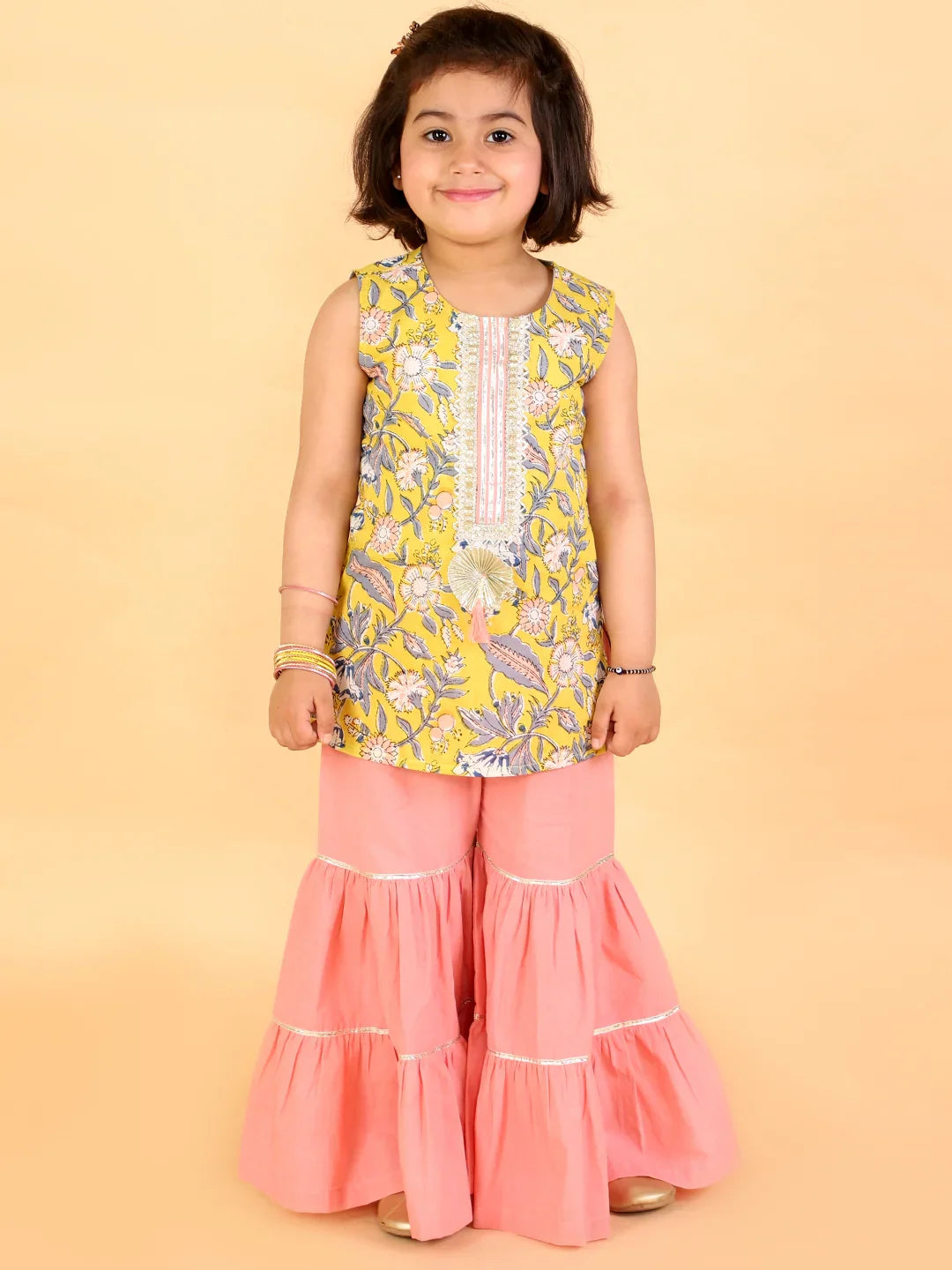 Girls Stylish Folklore Printed Kurta With Sharara Set