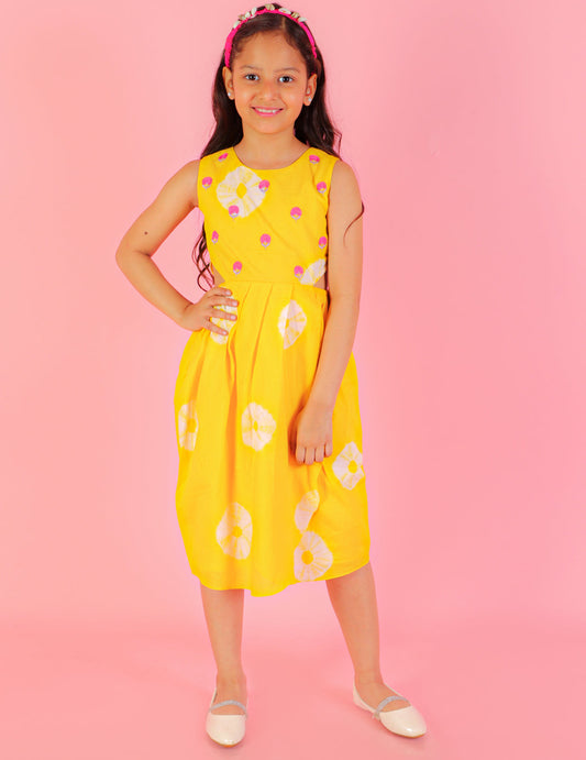 Girls Fusion Tie & Dye Ethnic Over Lap Dress With Embroidered Yoke