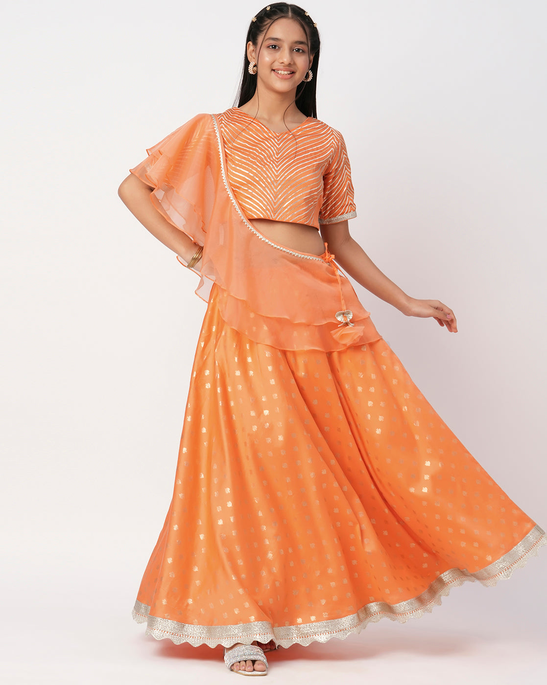 Mehfil Orange Ghagra Choli Dupatta Set For Girls