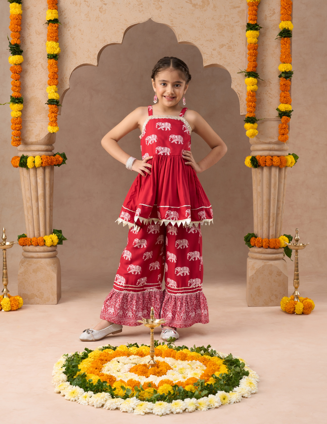 Trunk Tales Girls Red Kurta with Sharara set