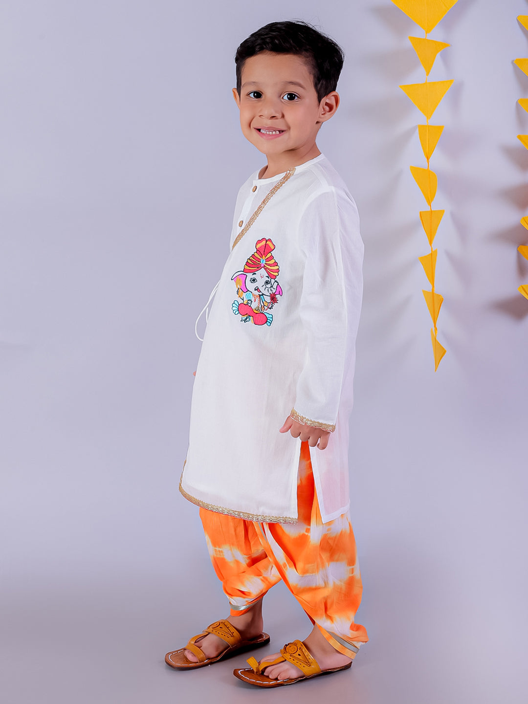 Marigold Magic White Boys Cotton Kurta And Orange Dhoti Ethnic Set
