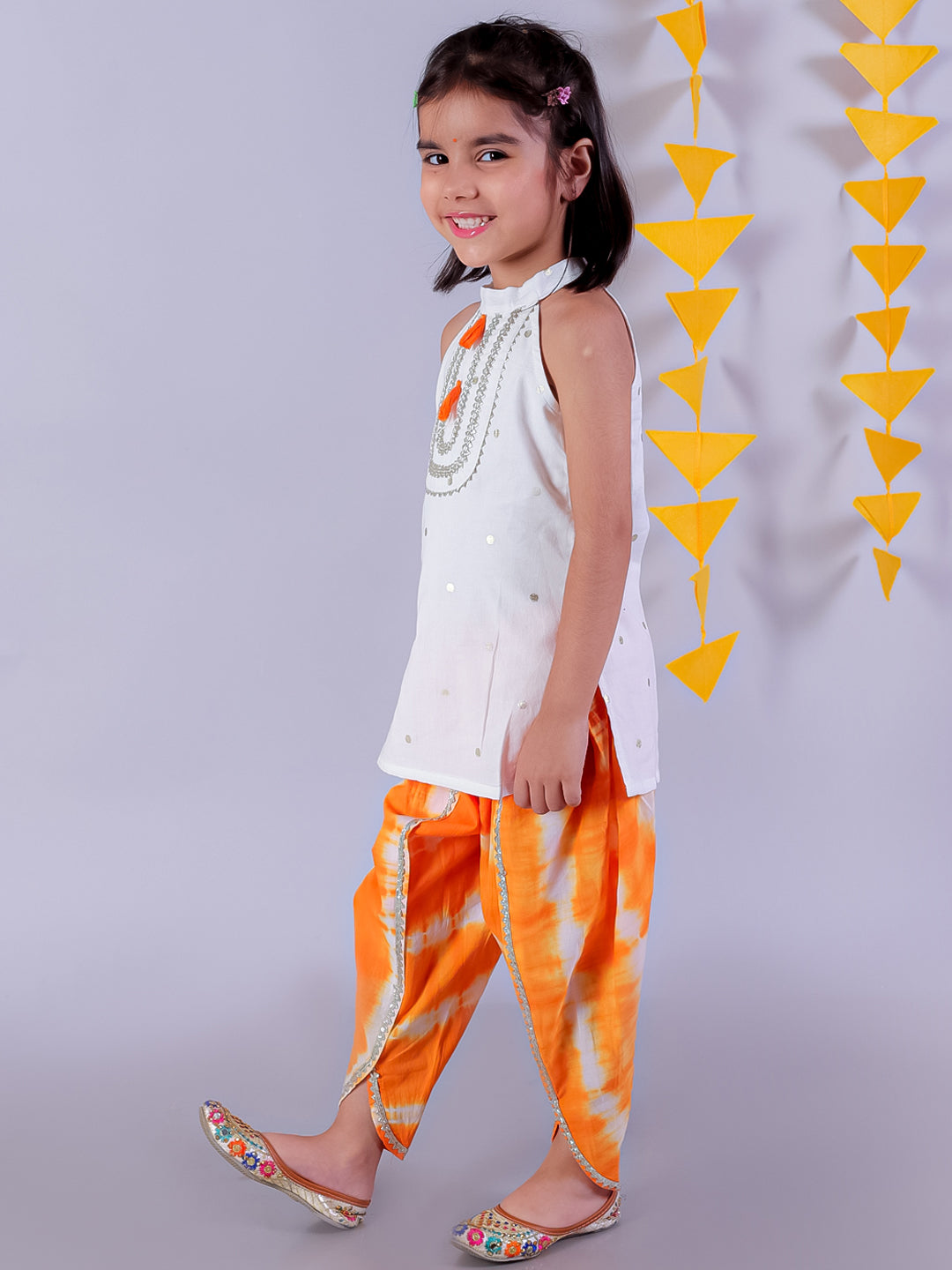 Marigold Magic White Girls Cotton Kurta And Orange Dhoti Ethnic Set
