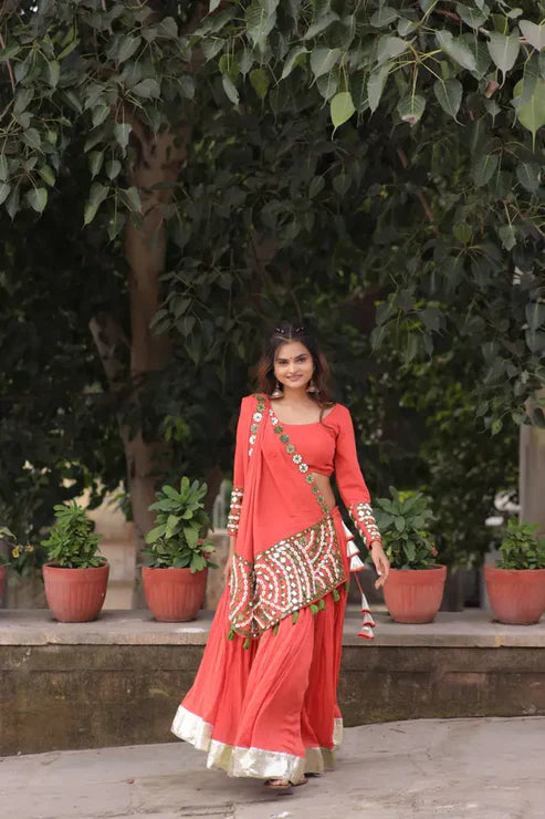 Raas | Orange Mirror Work Chaniyacholi