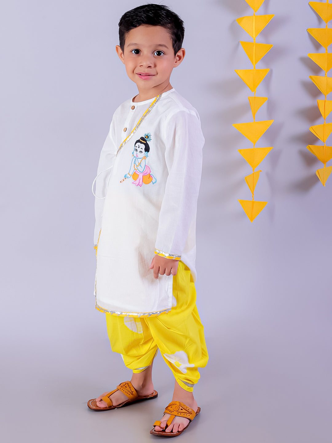 Marigold Magic White Boys Cotton Kurta And Yellow Dhoti Ethnic Set