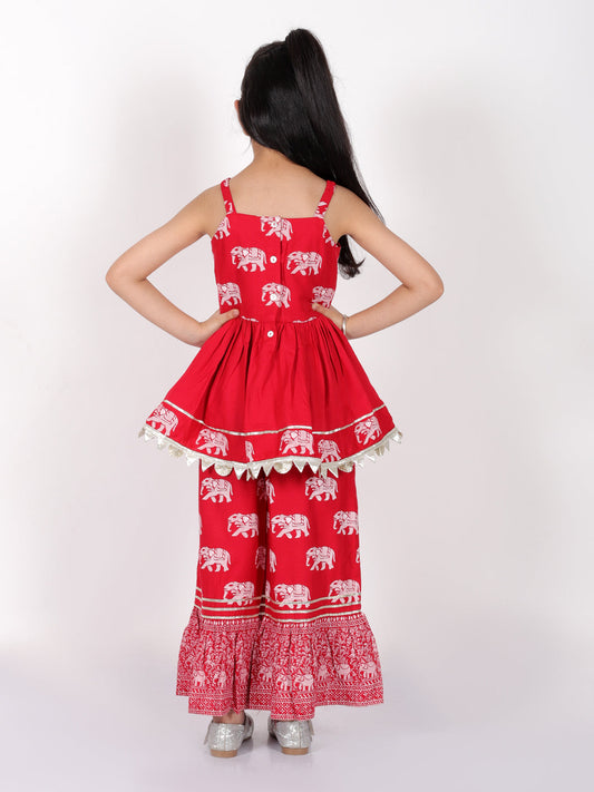 Trunk Tales Girls Red Kurta with Sharara set