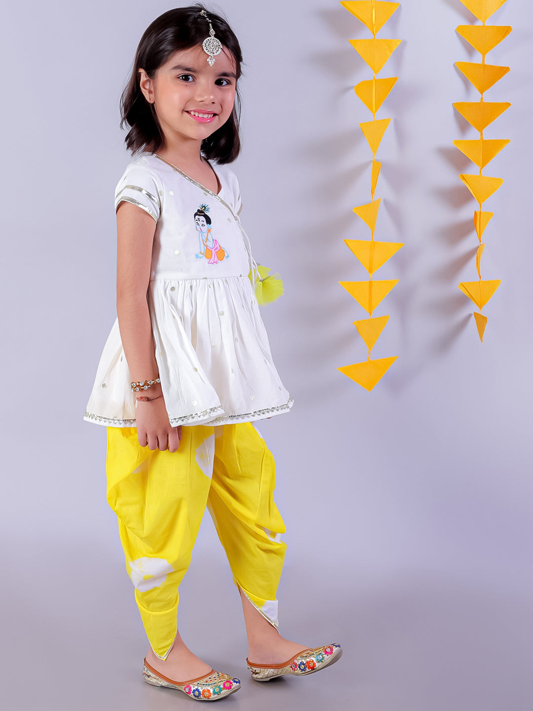 Marigold Magic White Girls Cotton Kurta And Yellow Dhoti Ethnic Set