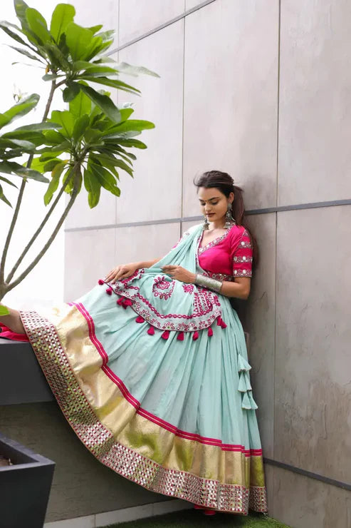 Raas | Sky Light Color Navratri Chaniyacholi with Mirror Work
