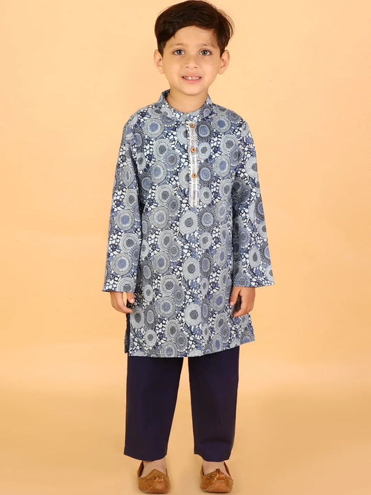 Boys Stylish Folklore Print Cotton Kurta With Pyjama Set