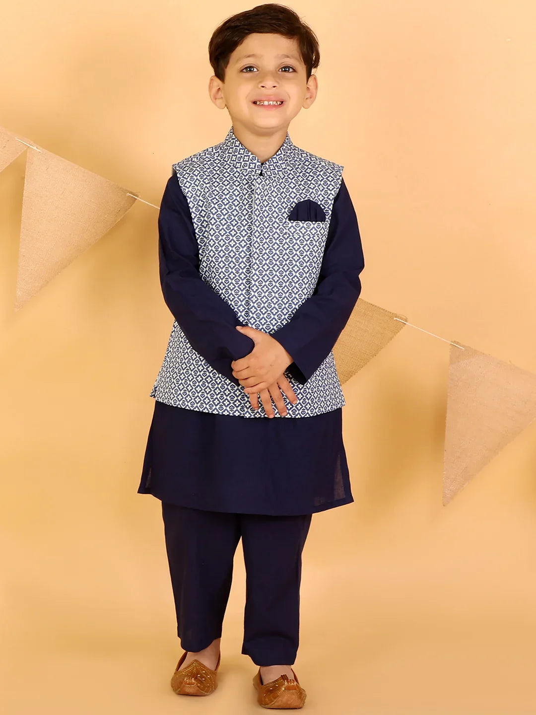 Boys Stylish Folklore Cotton Kurta Pyjama With Printed Jacket Set