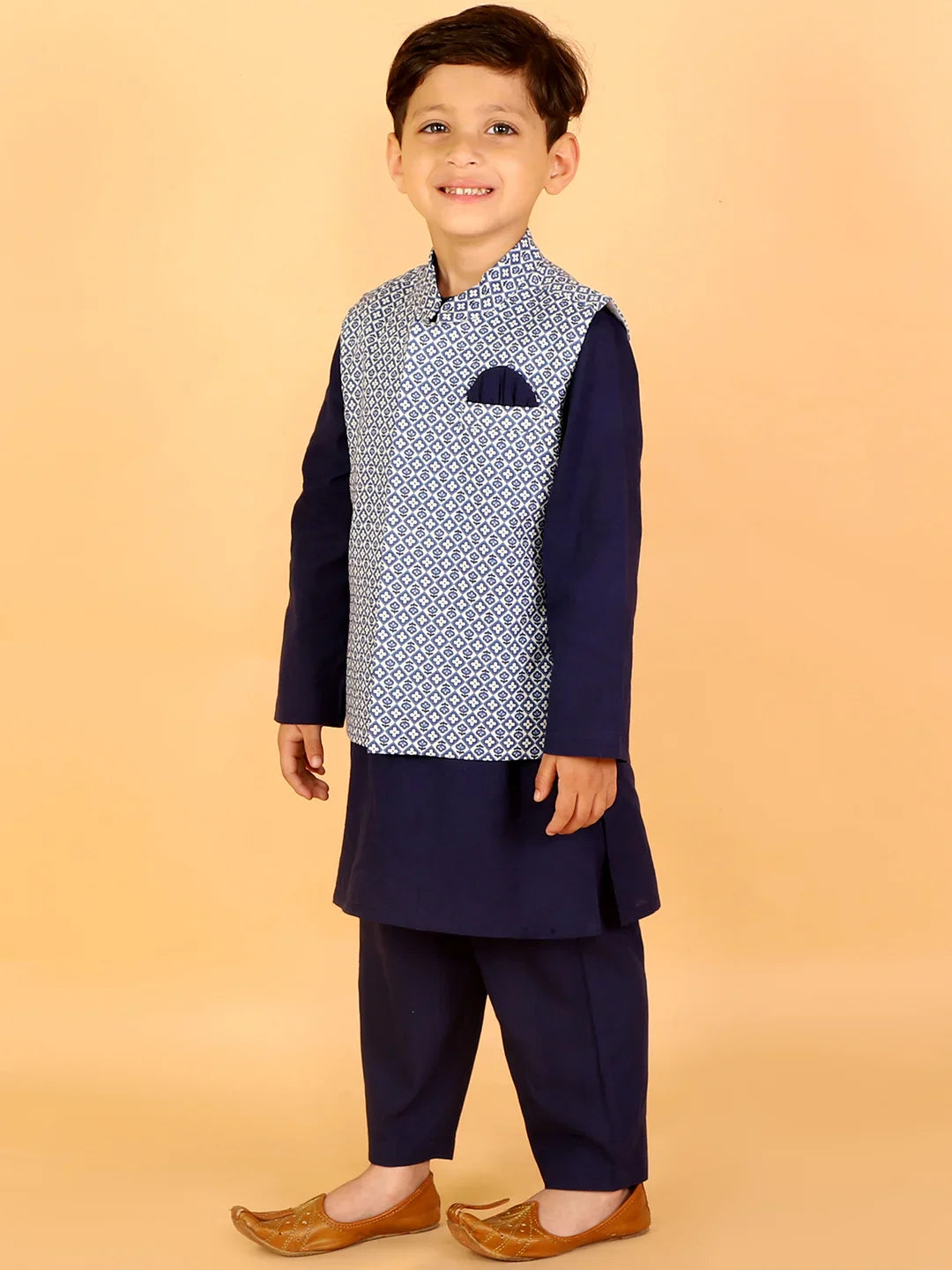 Boys Stylish Folklore Cotton Kurta Pyjama With Printed Jacket Set