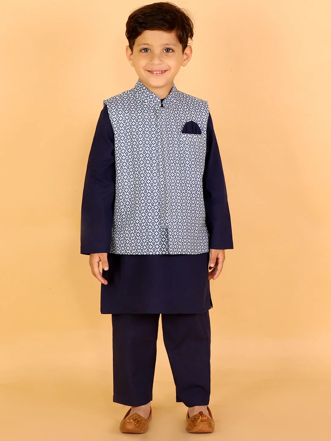 Boys Stylish Folklore Cotton Kurta Pyjama With Printed Jacket Set