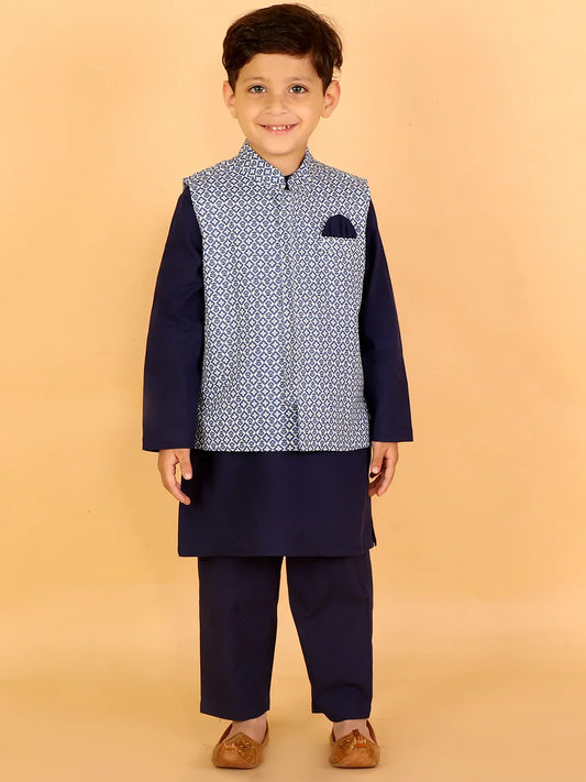 Boys Stylish Folklore Cotton Kurta Pyjama With Printed Jacket Set