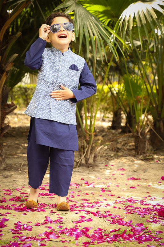 Boys Stylish Folklore Cotton Kurta Pyjama With Printed Jacket Set