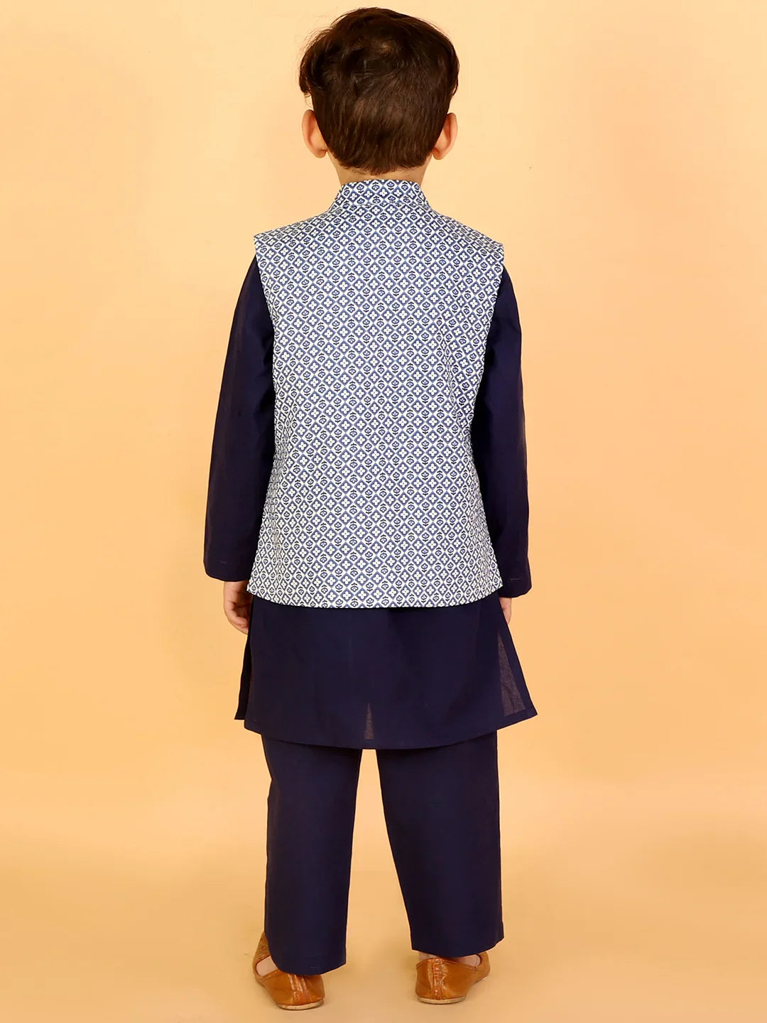 Boys Stylish Folklore Cotton Kurta Pyjama With Printed Jacket Set