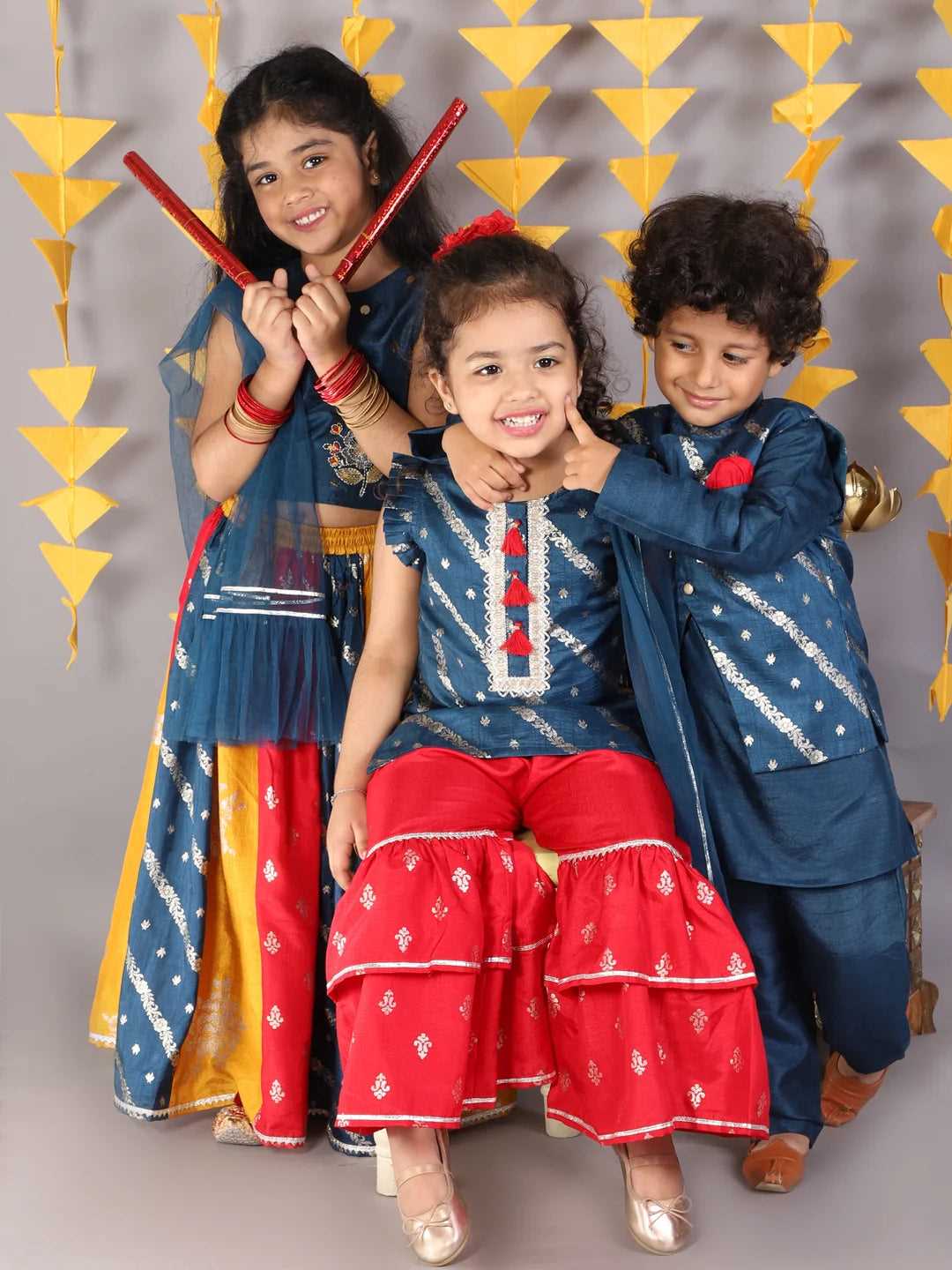 Boys jamavar printed kurt pyjama with jacket set