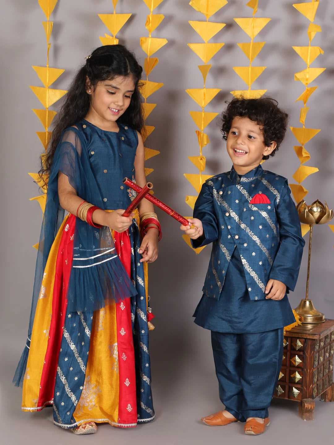 Boys jamavar printed kurt pyjama with jacket set
