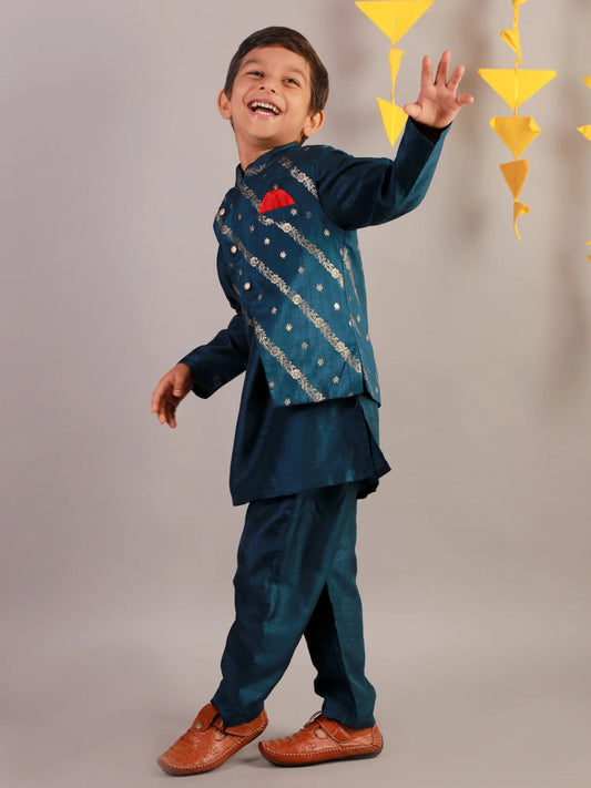 Boys Jamavar Printed Kurt Pyjama With Jacket Set