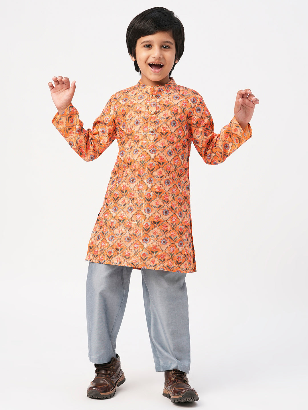 Raangoli Boys Orange Kurta With Pyjama Set